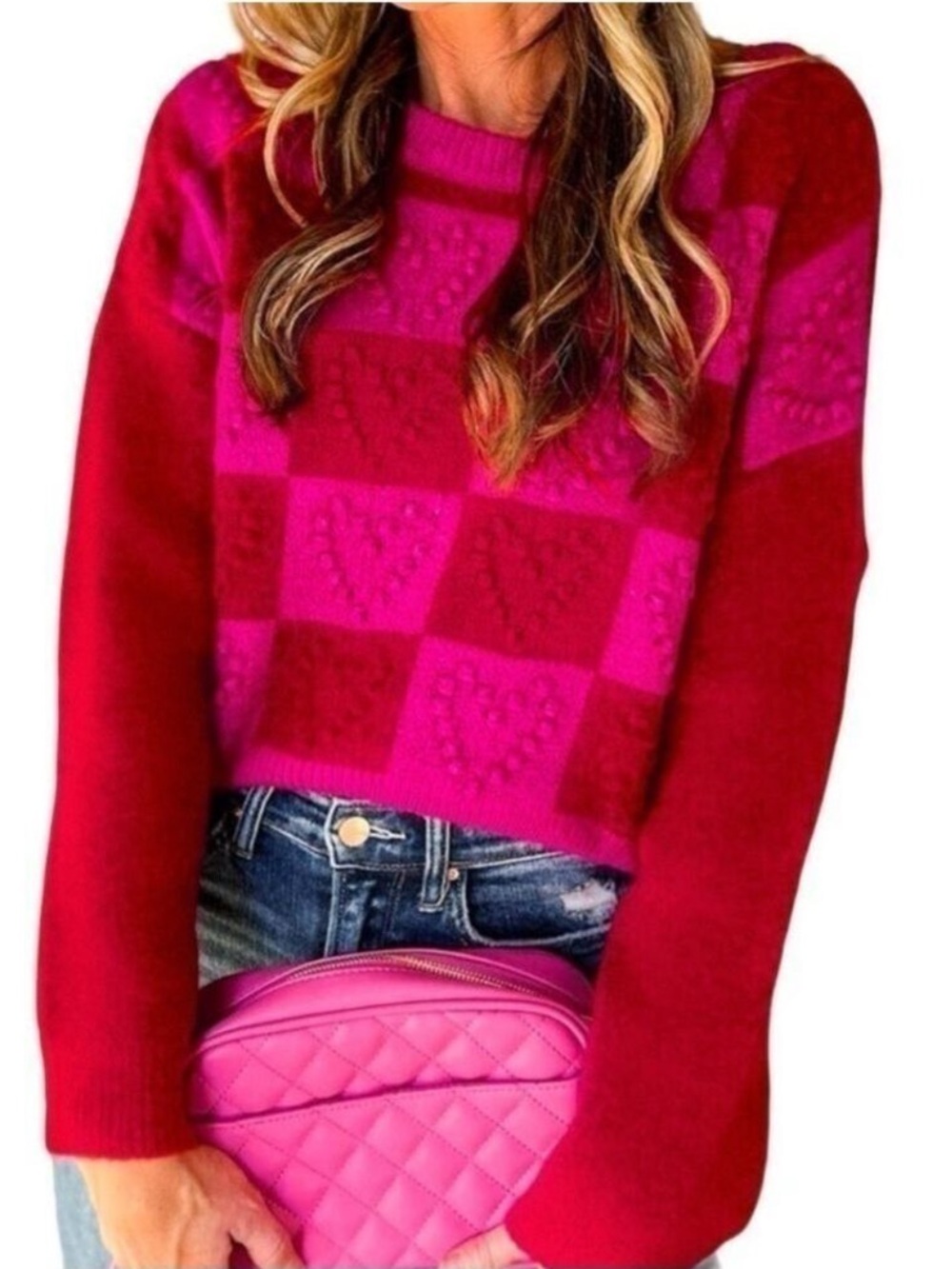 Multicolor Checkered Pattern Heart Detail Textured Sweater Women’s Size Large